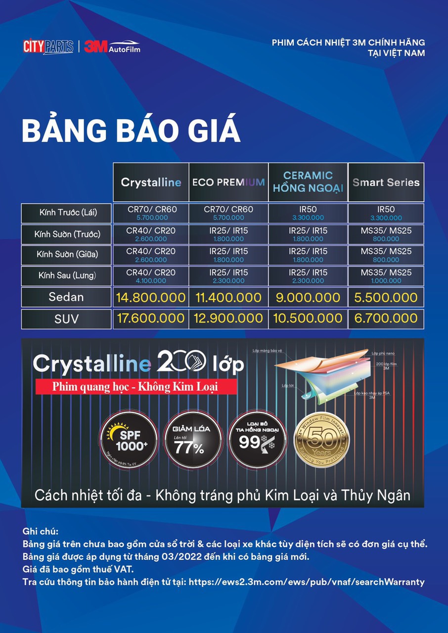 Bảng giá Phim cách nhiệt 3M Crystalline